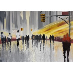 Happy Hour - Peinture à l'huile sur toile - Scène urbaine silhouettes en mouvement - Éric Turlot - 50x70cm - FenêtreSurArtistes