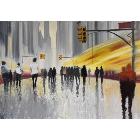 Happy Hour - Peinture à l'huile sur toile - Scène urbaine silhouettes en mouvement - Éric Turlot - 50x70cm - FenêtreSurArtistes